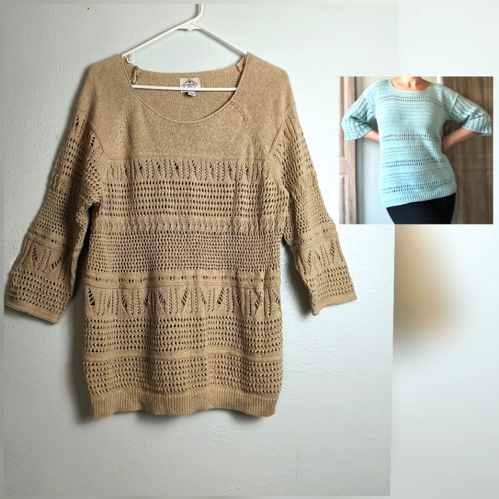 St. John's Bay Cream and Tan Crew Neck Sweater with Decorative Pattern 1X